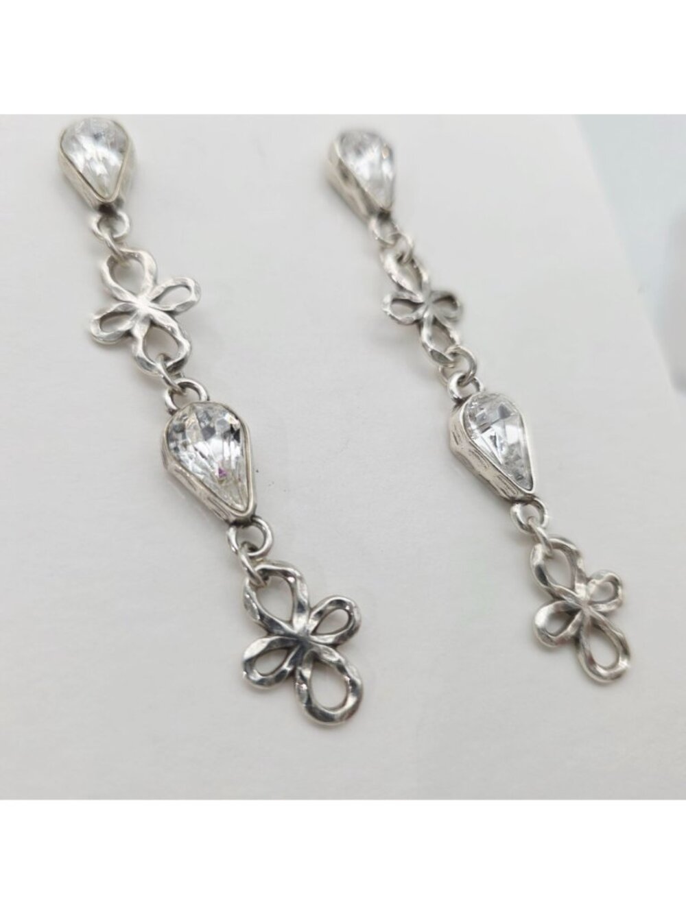 Brighton Earrings Silver Tone Rhinestone Floral Long Dangle Pieced Earrings - Picture 3 of 8